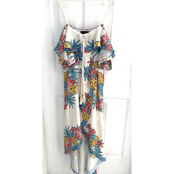 Dresses & Skirts - Tropical Floral High Low Maxi Dress Cold Shoulder Tassel Tie Cream Multi Medium